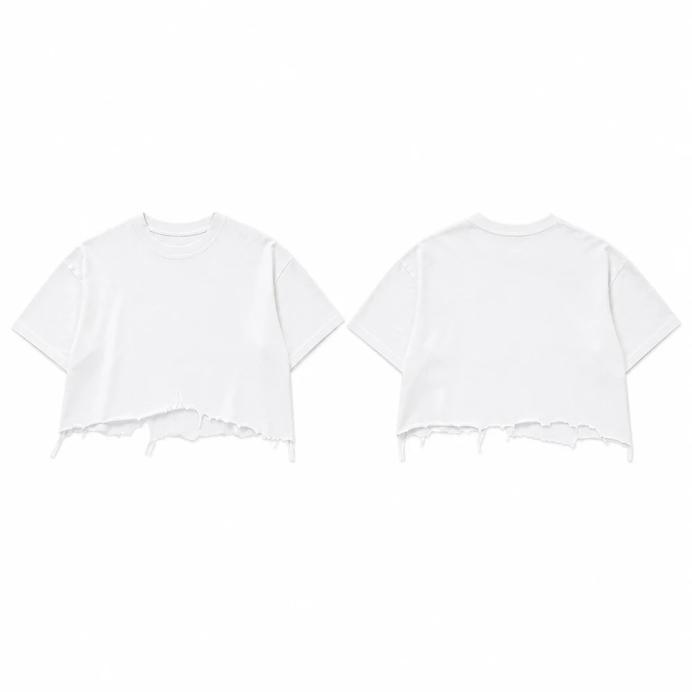 240 GSM Distressed-Hem Boxy Tee, white front and back view