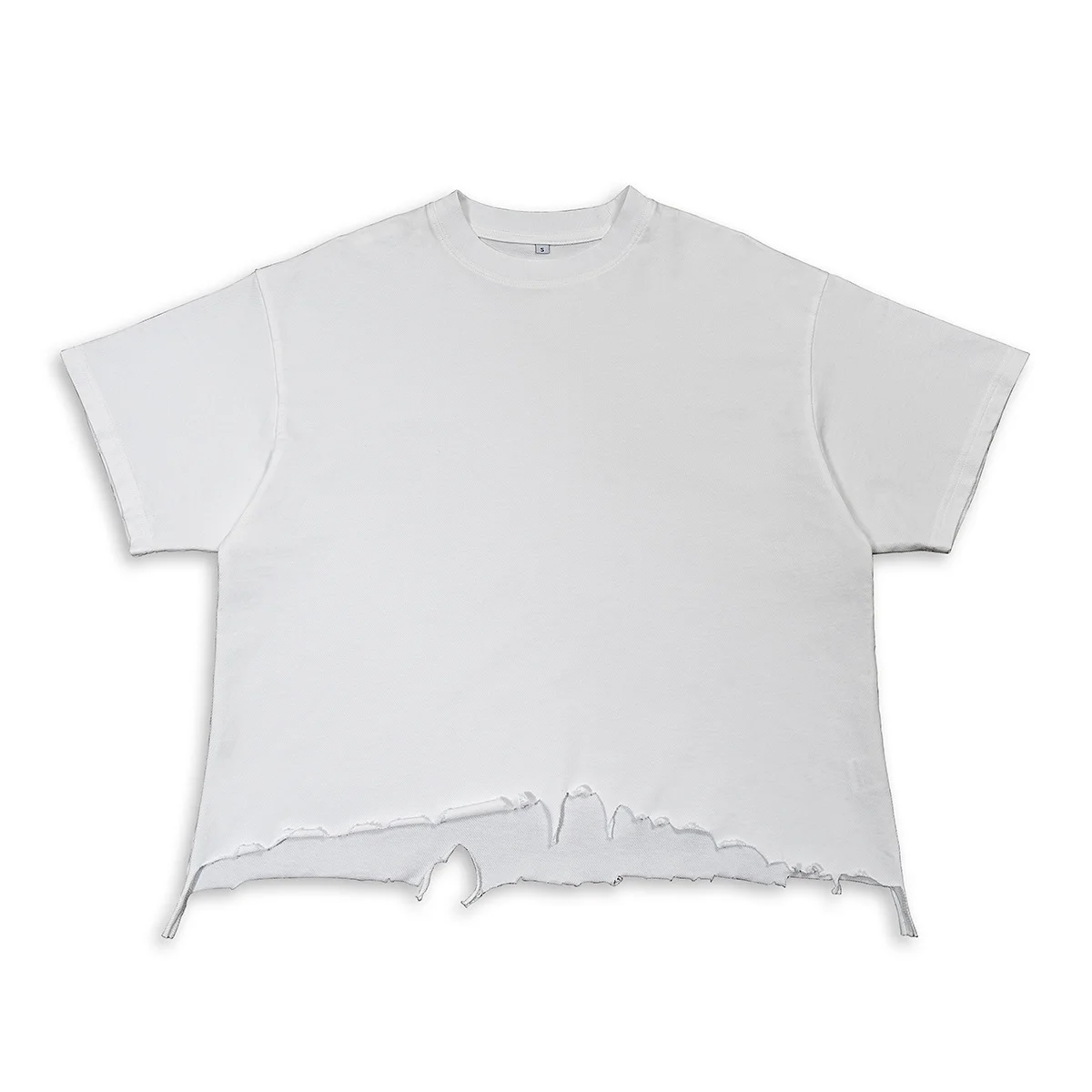 240 GSM Distressed-Hem Boxy Tee, white flat-lay front view