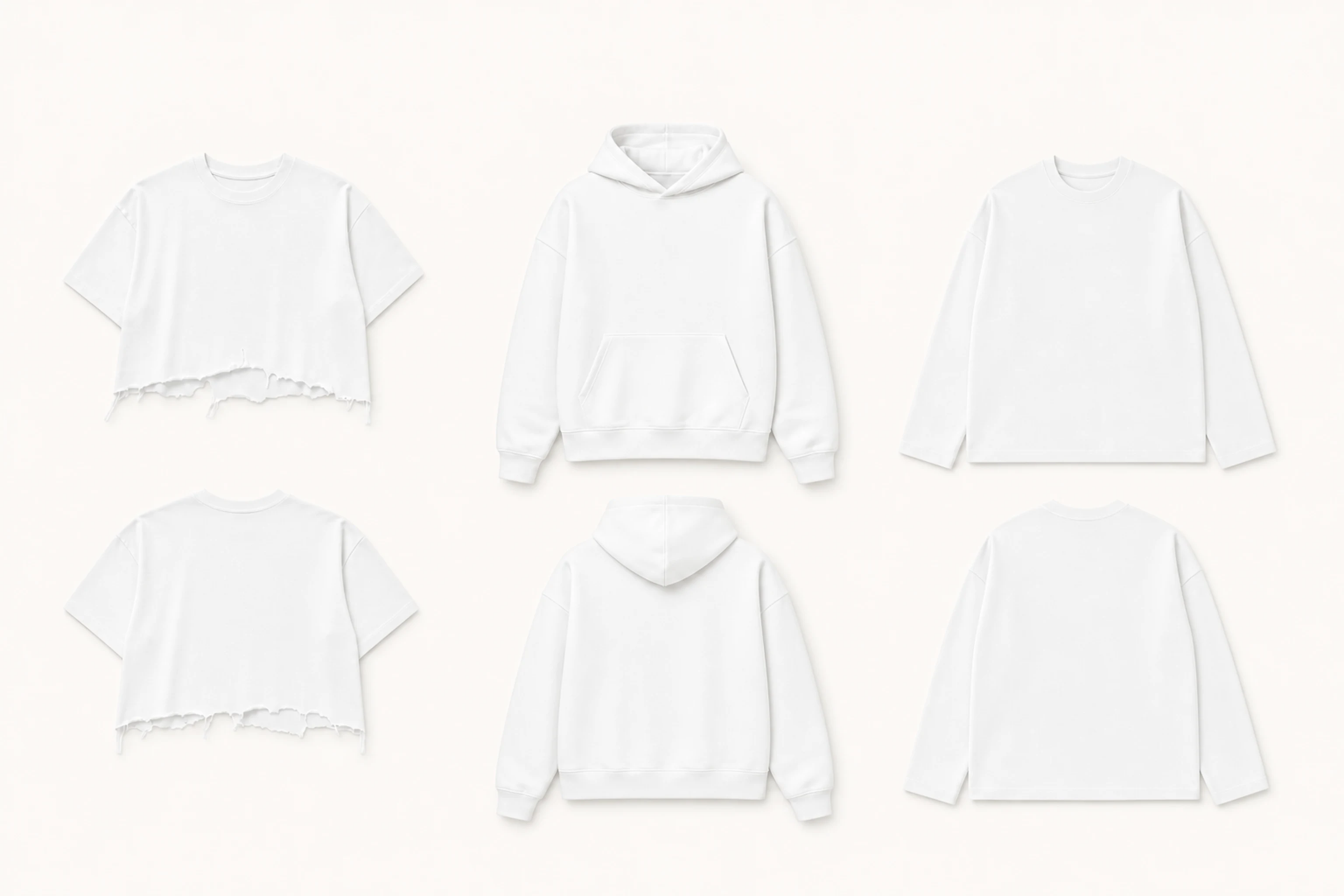 White blank T-shirts, hoodies, and long-sleeve T-shirts shown from the front and back