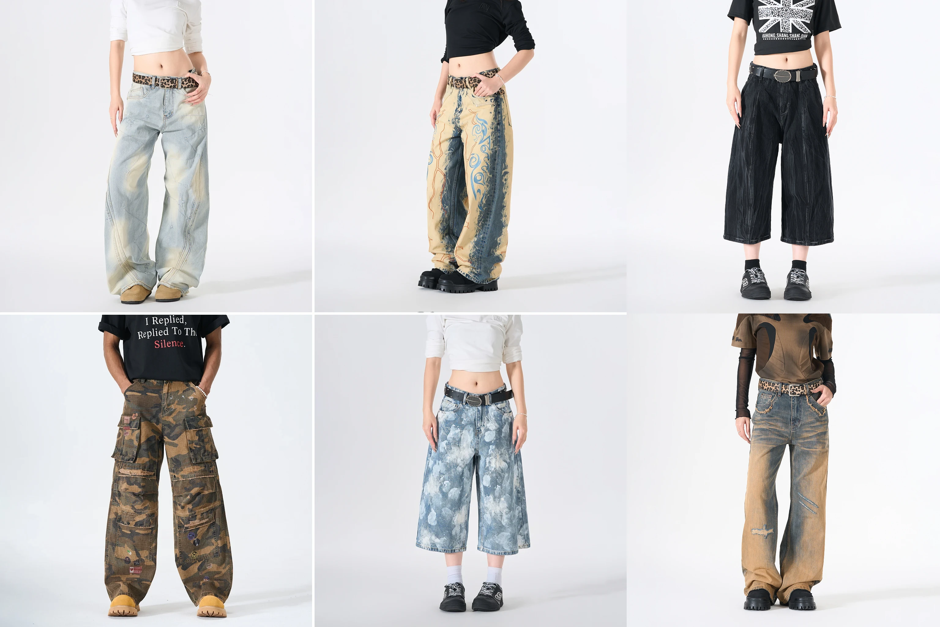 Six-style Wholesale denim collage showing wide-leg, cargo, cropped, and washed jeans