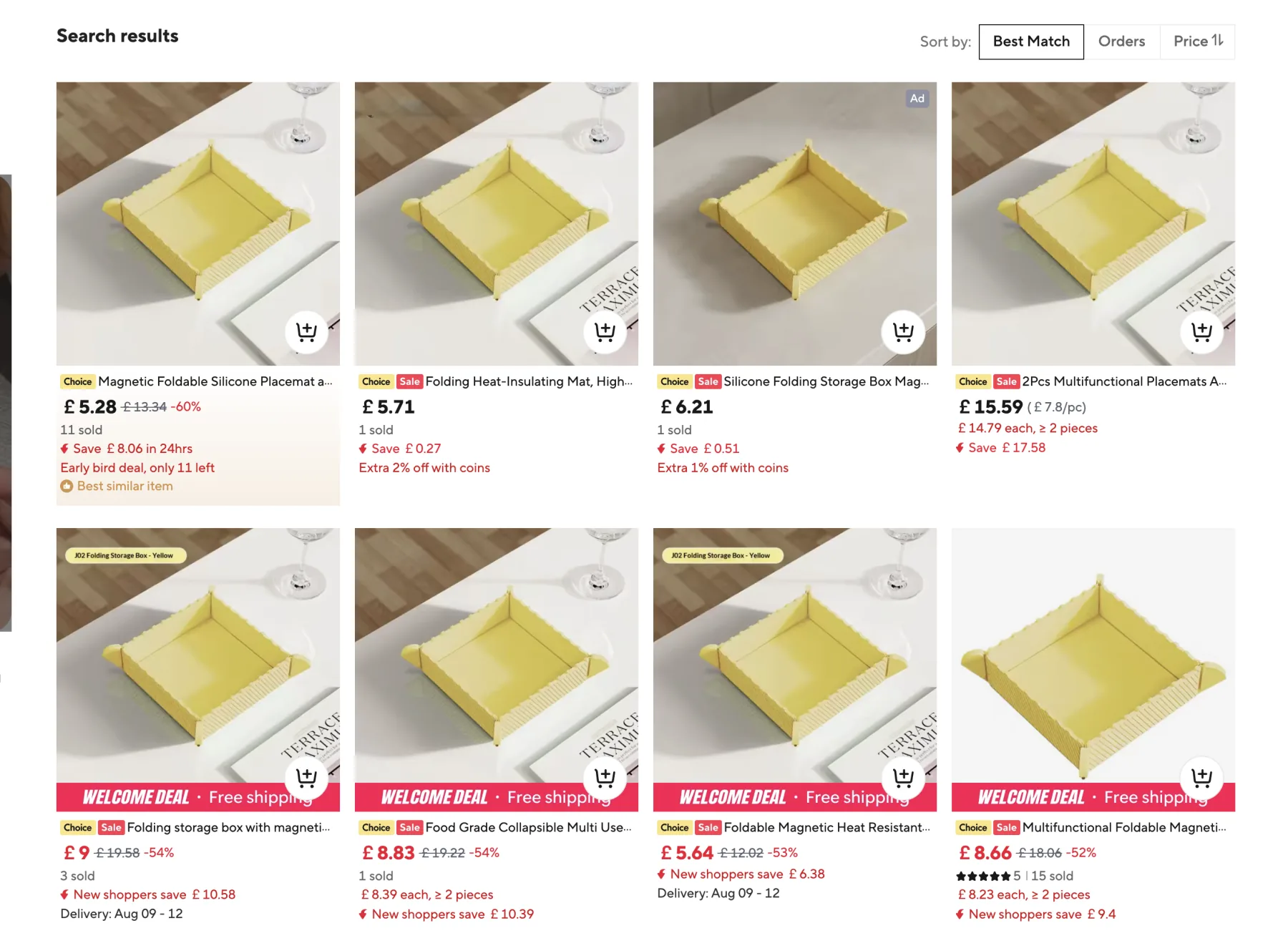 Marketplace search results showing similar yellow folding silicone trays with prices from £5.28 to £15.59