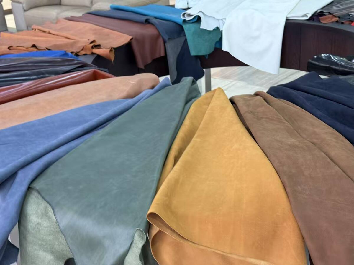 Leather swatches arranged by colour and finish