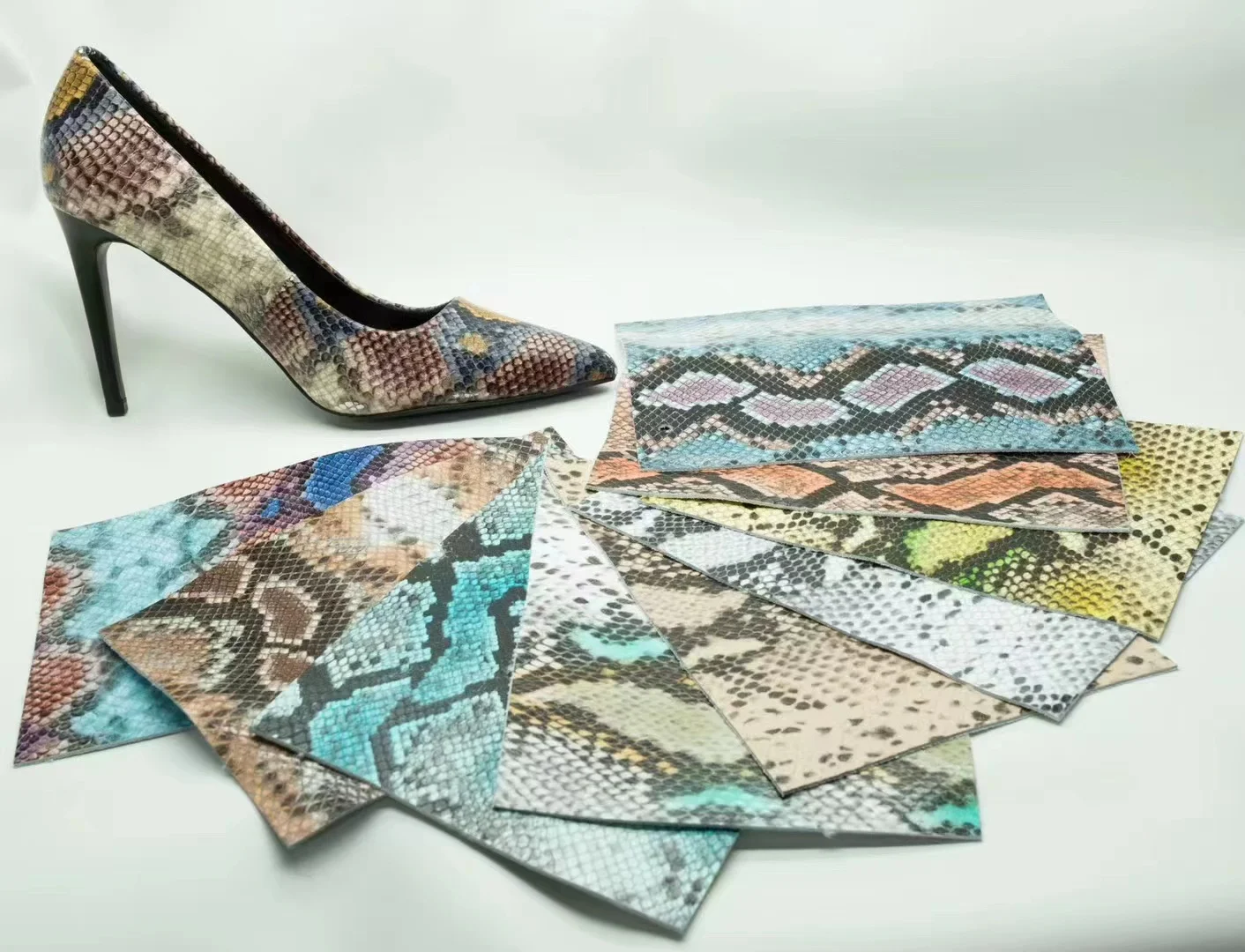 Heel sample shown with printed leather material swatches