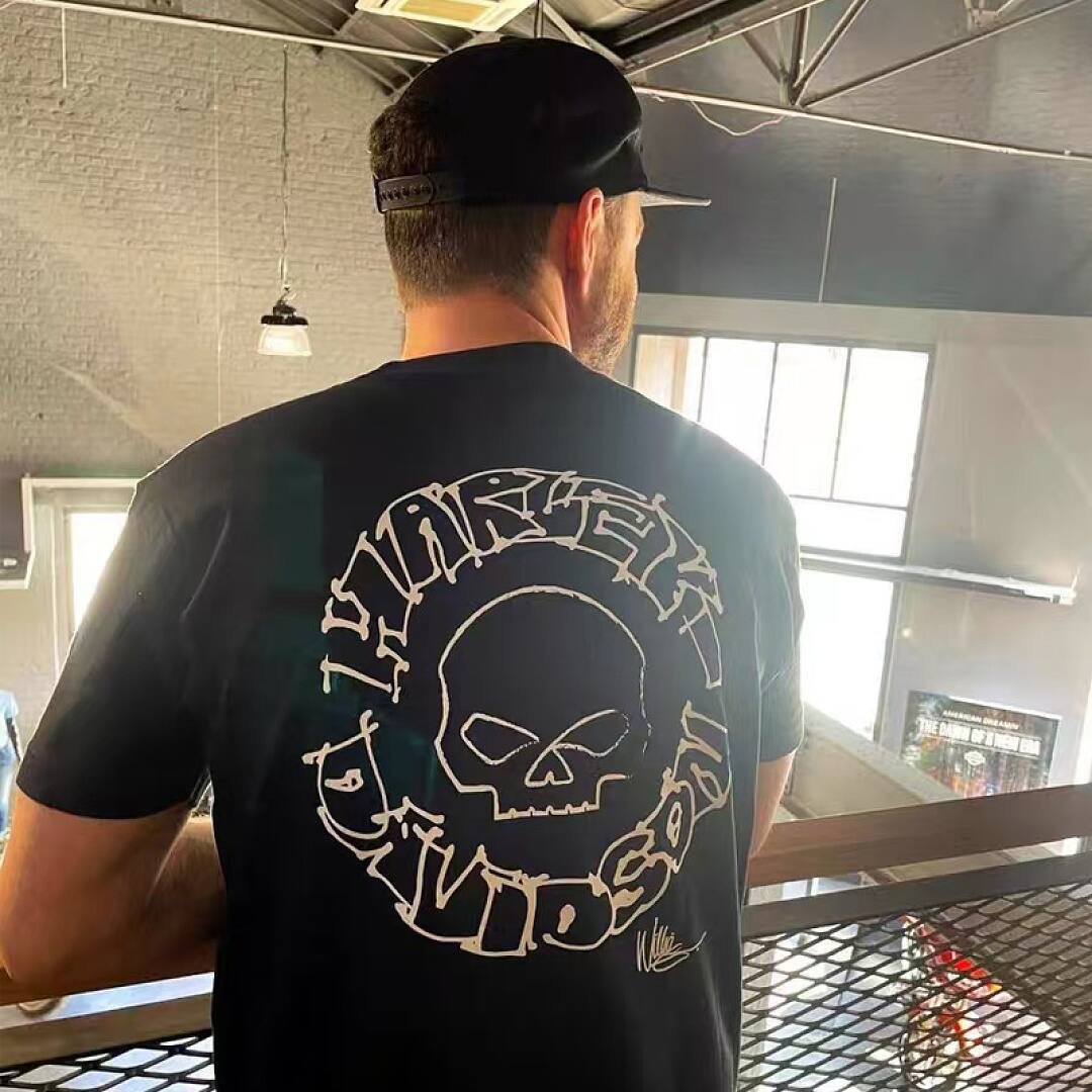 173# American streetwear biker style Harley hand-drawn skull print short sleeve T-shirt P30