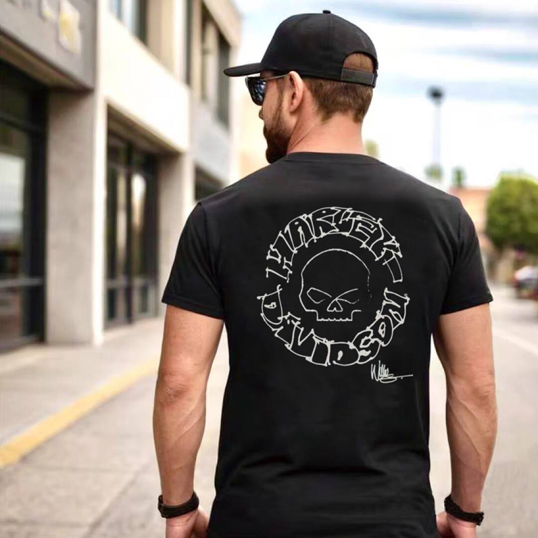 173# American streetwear biker style Harley hand-drawn skull print short sleeve T-shirt P30