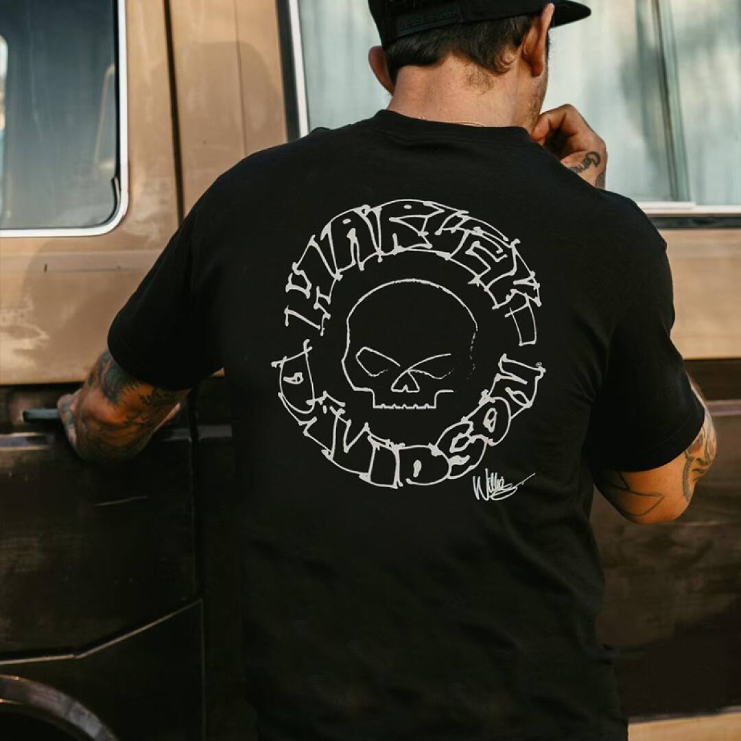173# American streetwear biker style Harley hand-drawn skull print short sleeve T-shirt P30