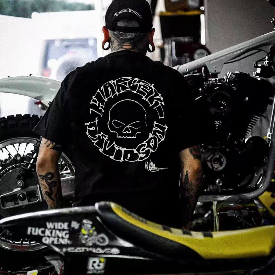 173# American streetwear biker style Harley hand-drawn skull print short sleeve T-shirt P30