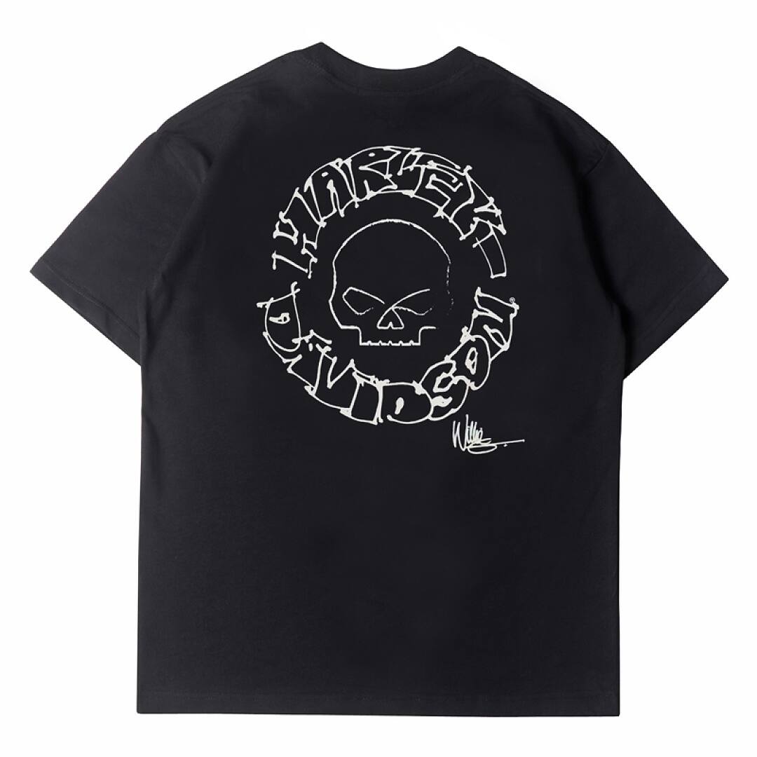 173# American streetwear biker style Harley hand-drawn skull print short sleeve T-shirt P30