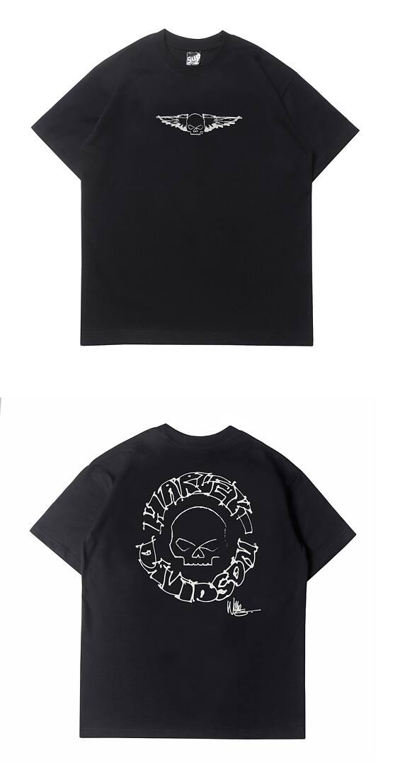 173# American streetwear biker style Harley hand-drawn skull print short sleeve T-shirt P30