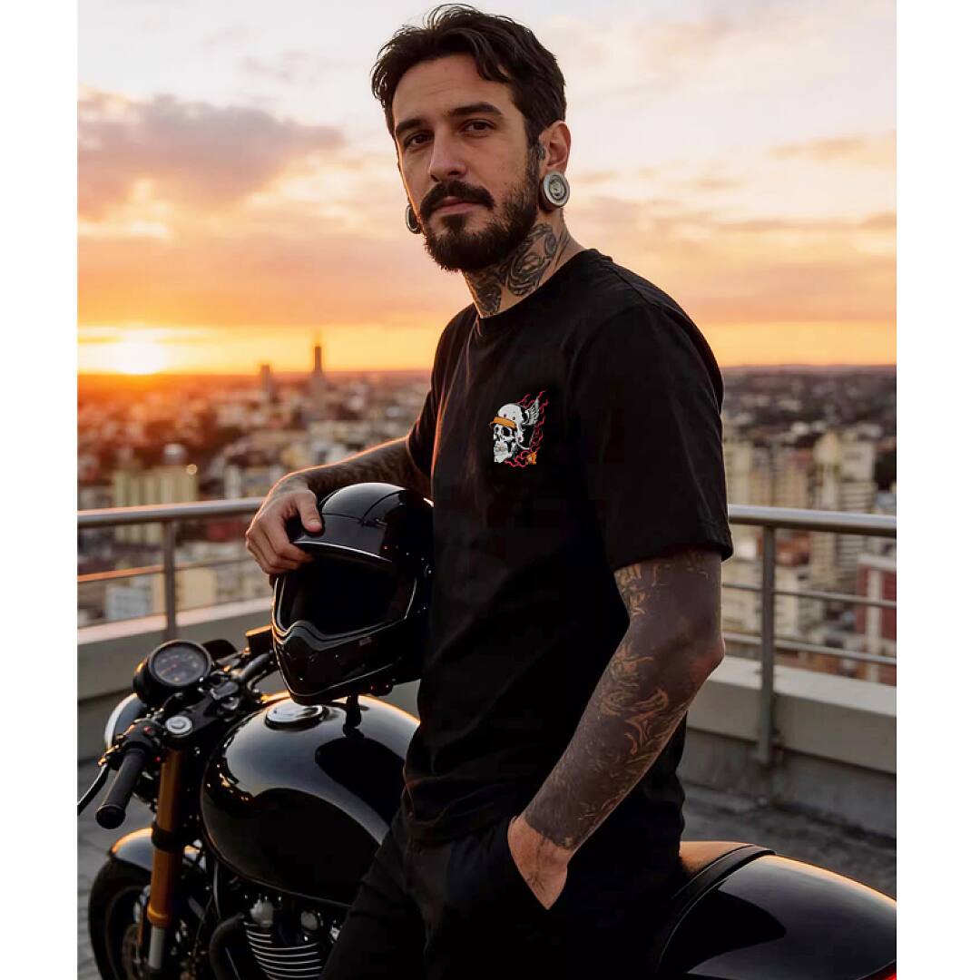 164# American streetwear biker style flame skull motorcycle short sleeve T-shirt P35