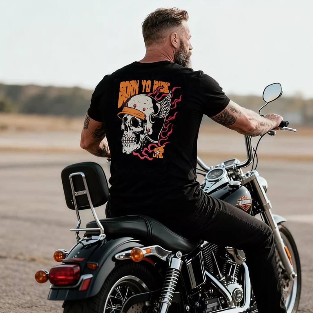 164# American streetwear biker style flame skull motorcycle short sleeve T-shirt P35