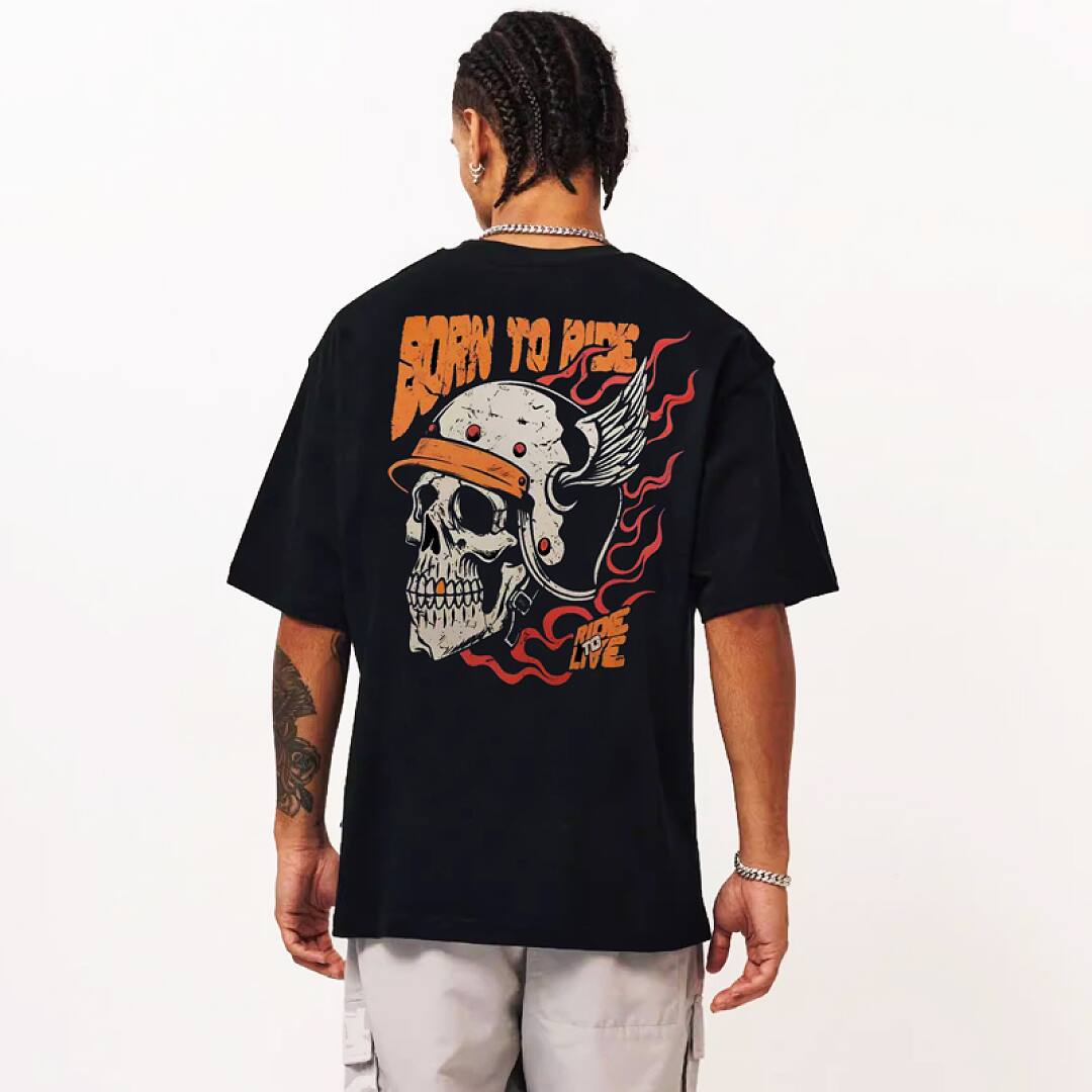 164# American streetwear biker style flame skull motorcycle short sleeve T-shirt P35