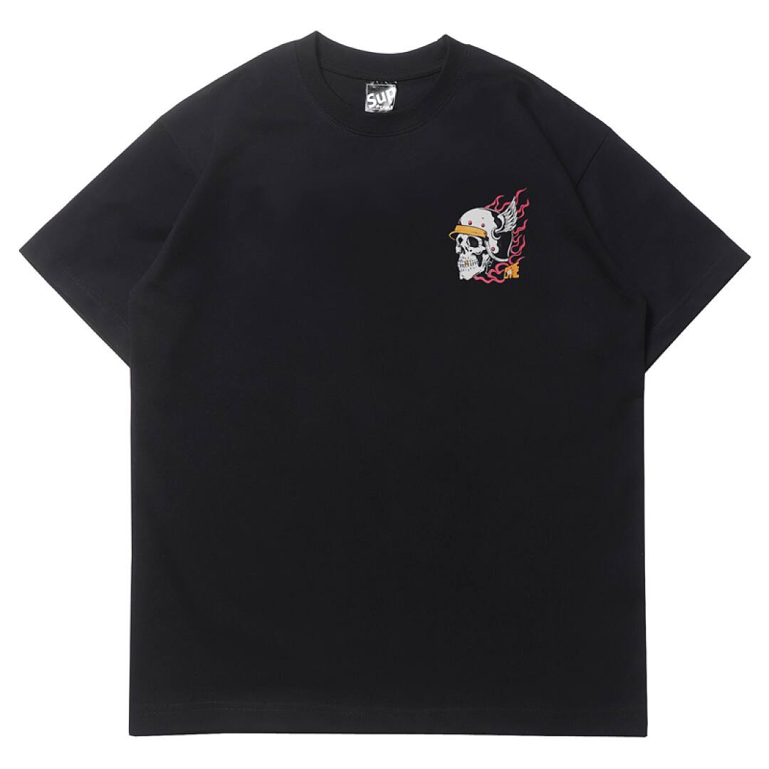 164# American streetwear biker style flame skull motorcycle short sleeve T-shirt P35
