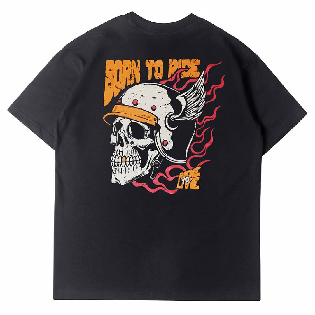 164# American streetwear biker style flame skull motorcycle short sleeve T-shirt P35