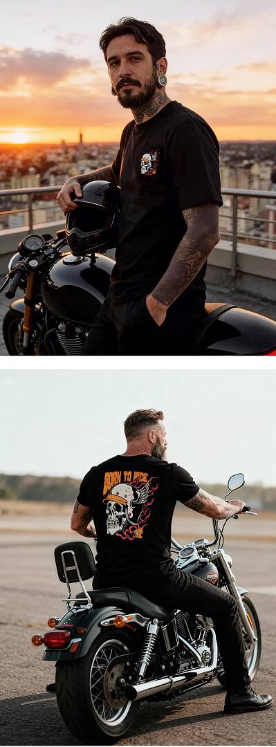 164# American streetwear biker style flame skull motorcycle short sleeve T-shirt P35