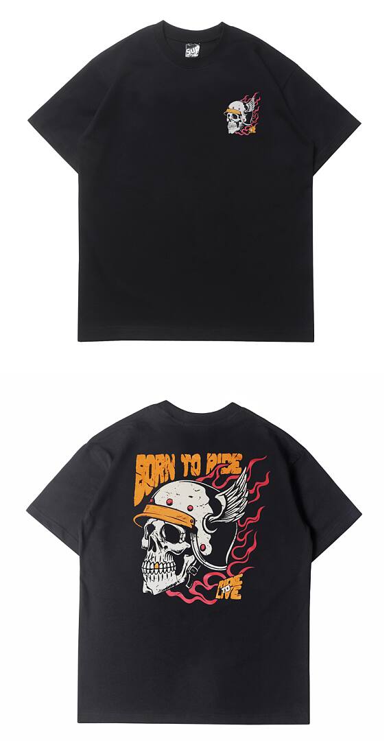 164# American streetwear biker style flame skull motorcycle short sleeve T-shirt P35