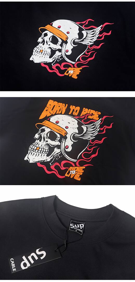 164# American streetwear biker style flame skull motorcycle short sleeve T-shirt P35