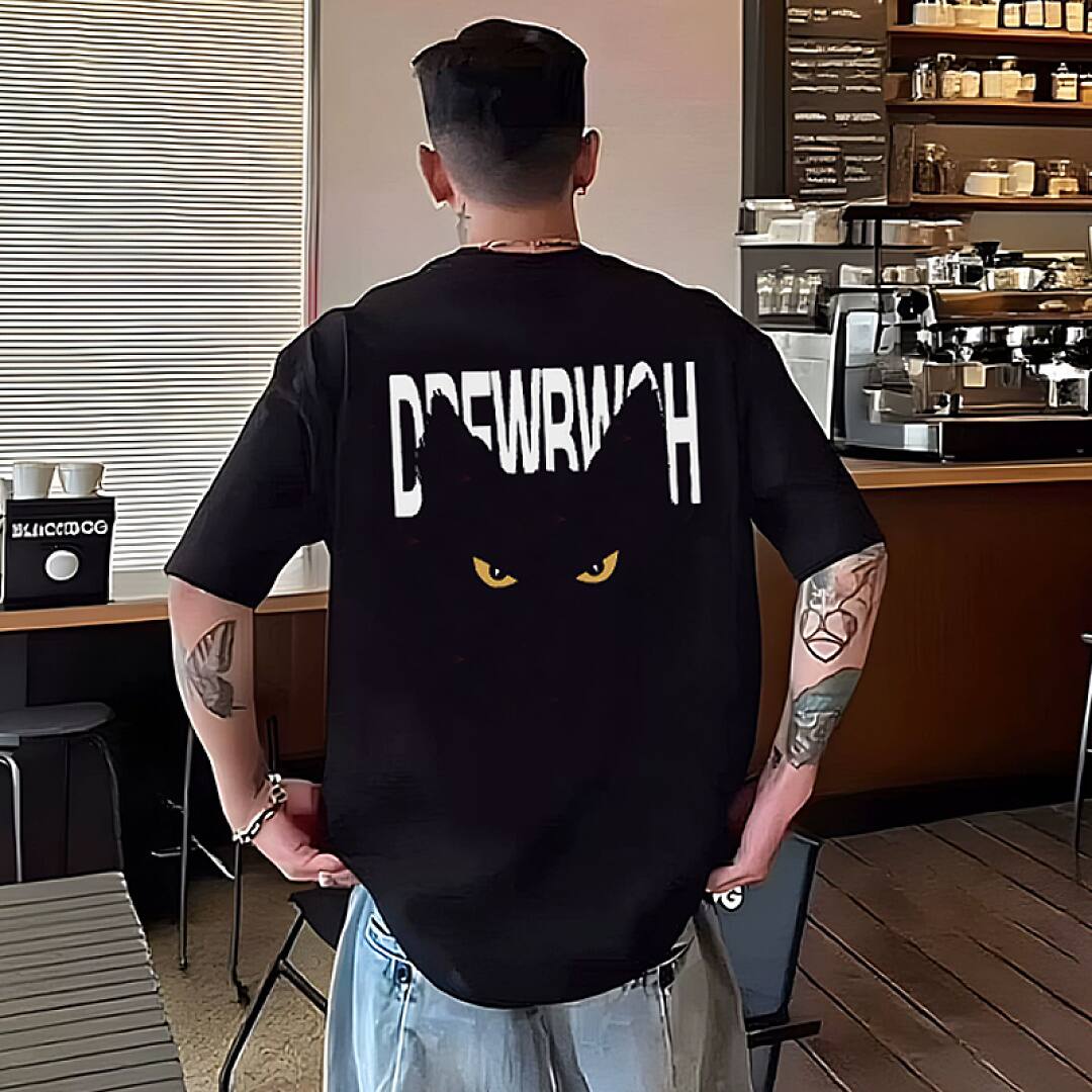 167# American streetwear Jackson Wang same style black cat print short sleeve T-shirt P30