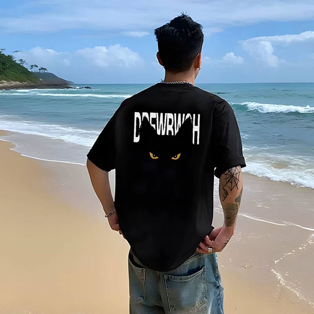 167# American streetwear Jackson Wang same style black cat print short sleeve T-shirt P30