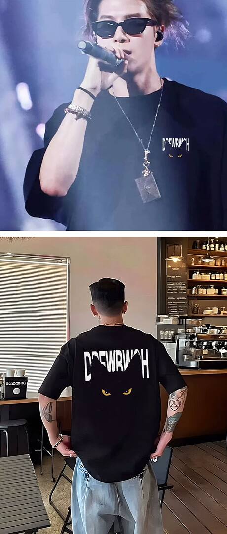 167# American streetwear Jackson Wang same style black cat print short sleeve T-shirt P30