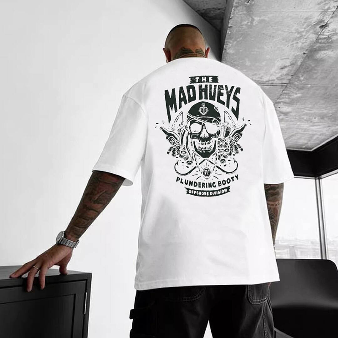 155# American Streetwear Motorcycle Style Skull Print Short Sleeve P30