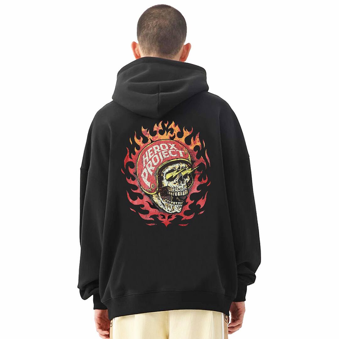 196# American streetwear biker style flame skull print hoodie P65