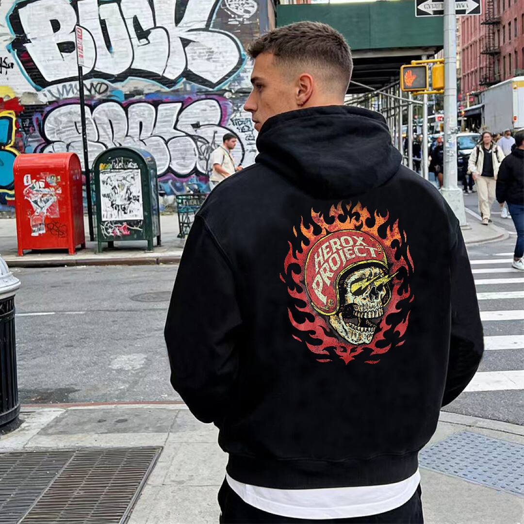 196# American streetwear biker style flame skull print hoodie P65