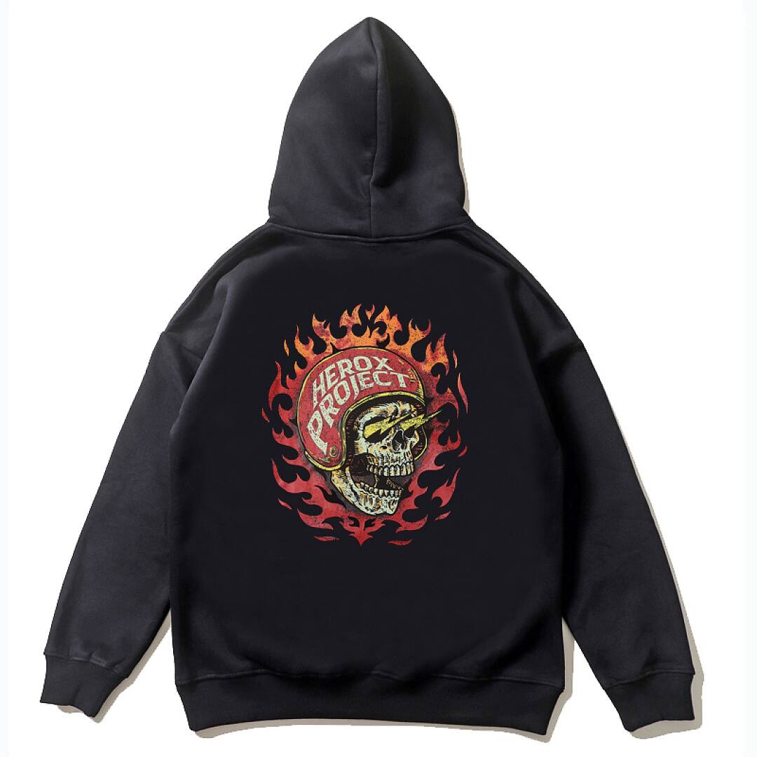 196# American streetwear biker style flame skull print hoodie P65