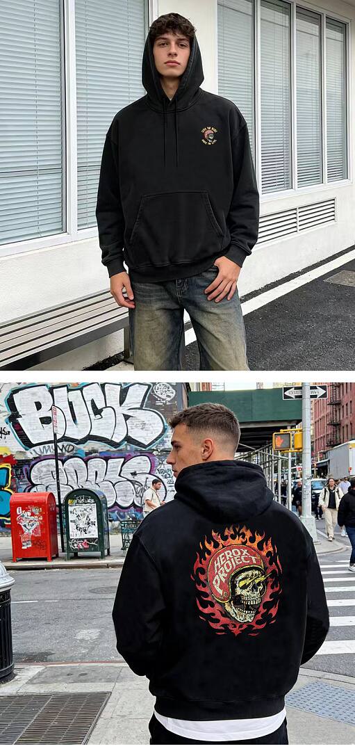 196# American streetwear biker style flame skull print hoodie P65