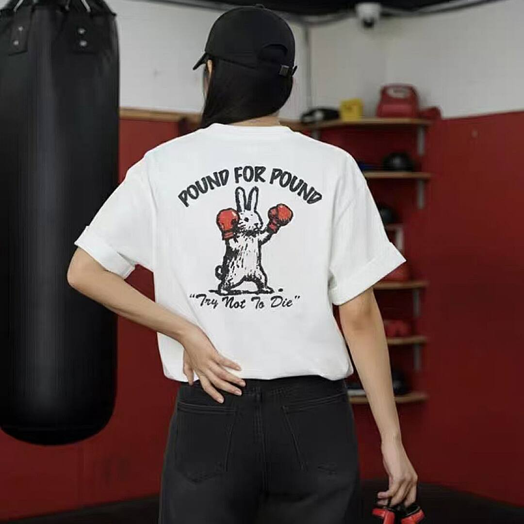171# American streetwear super cute boxing rabbit print short sleeve T-shirt P30