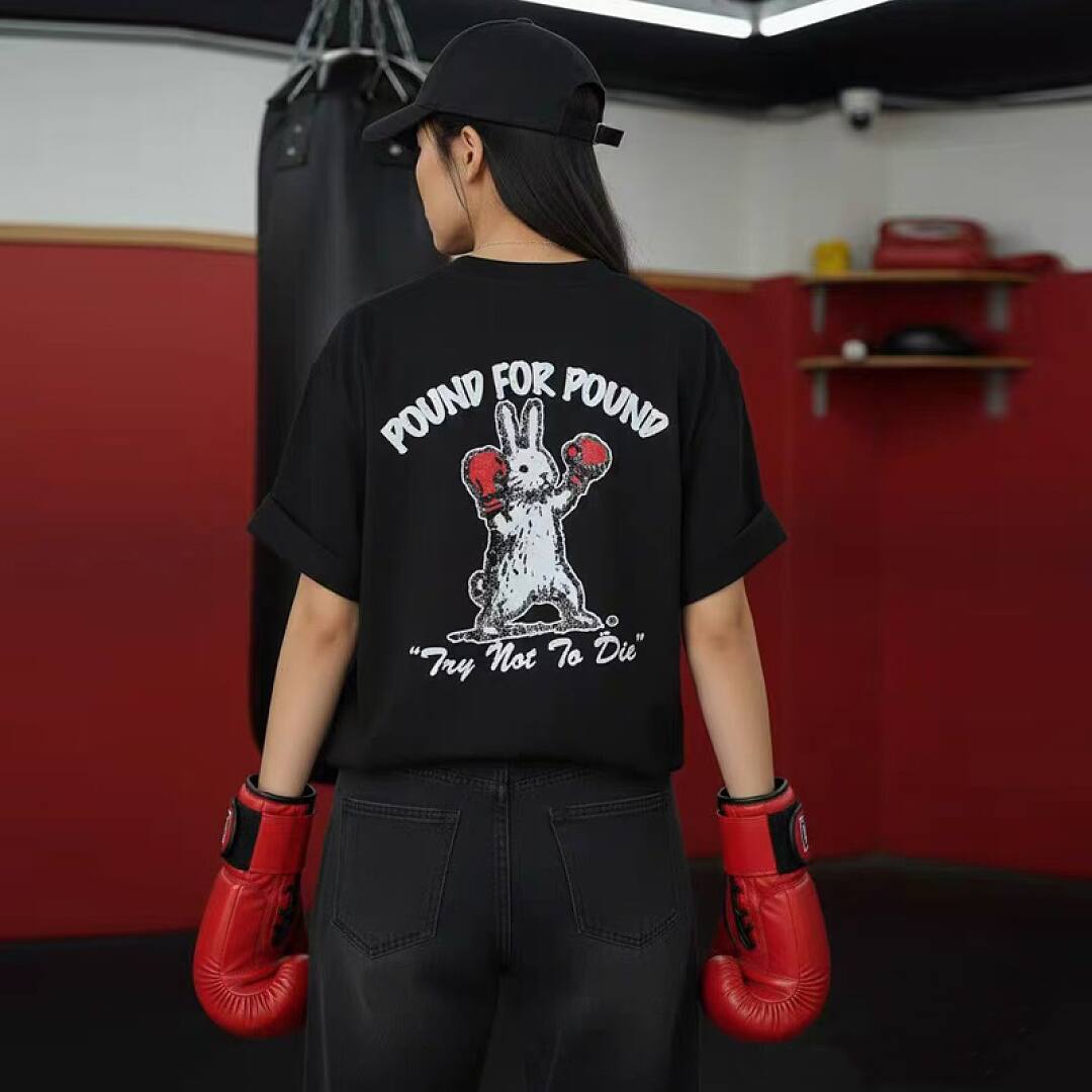 171# American streetwear super cute boxing rabbit print short sleeve T-shirt P30