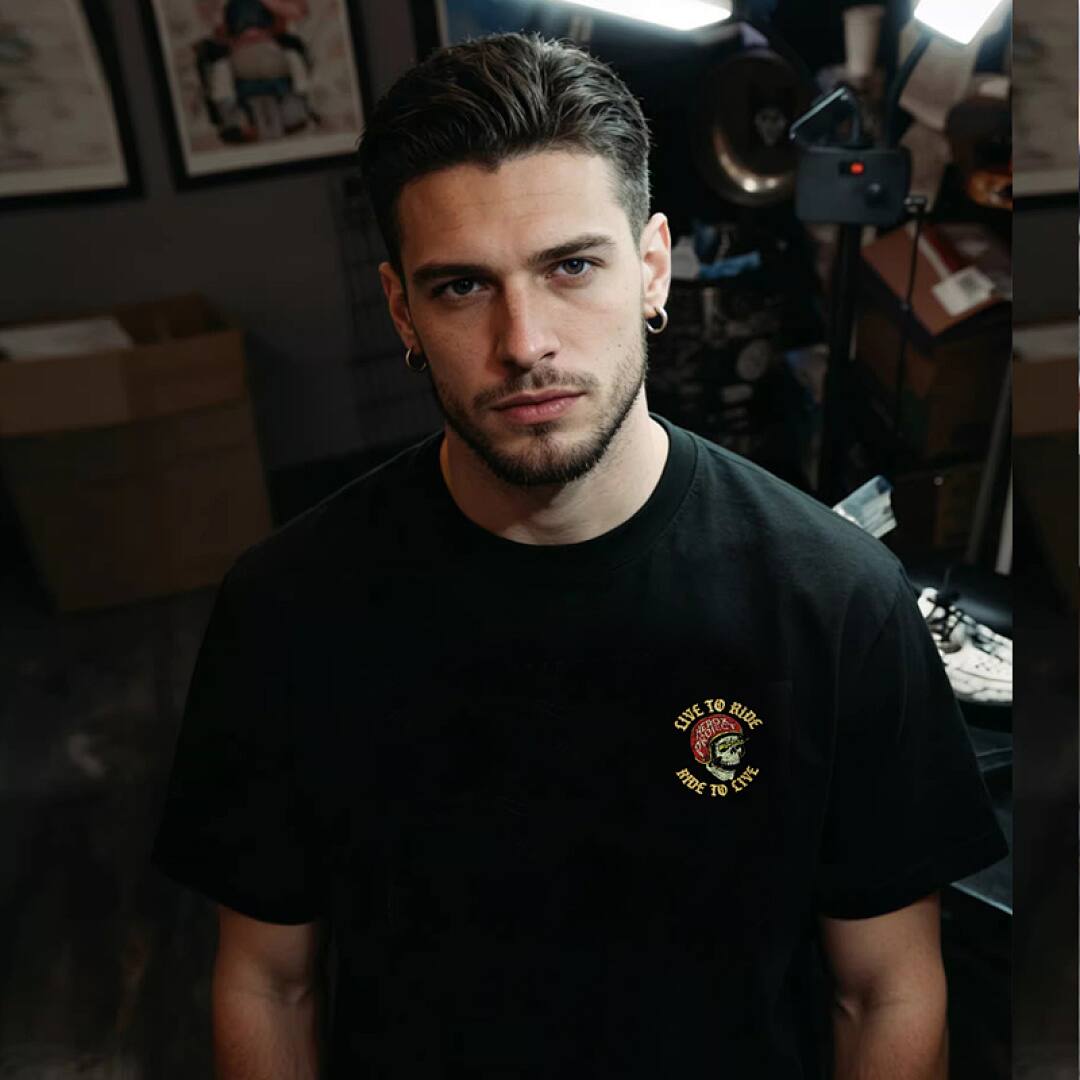 156# American Streetwear Motorcycle Style Flame Skull Print T-Shirt P35