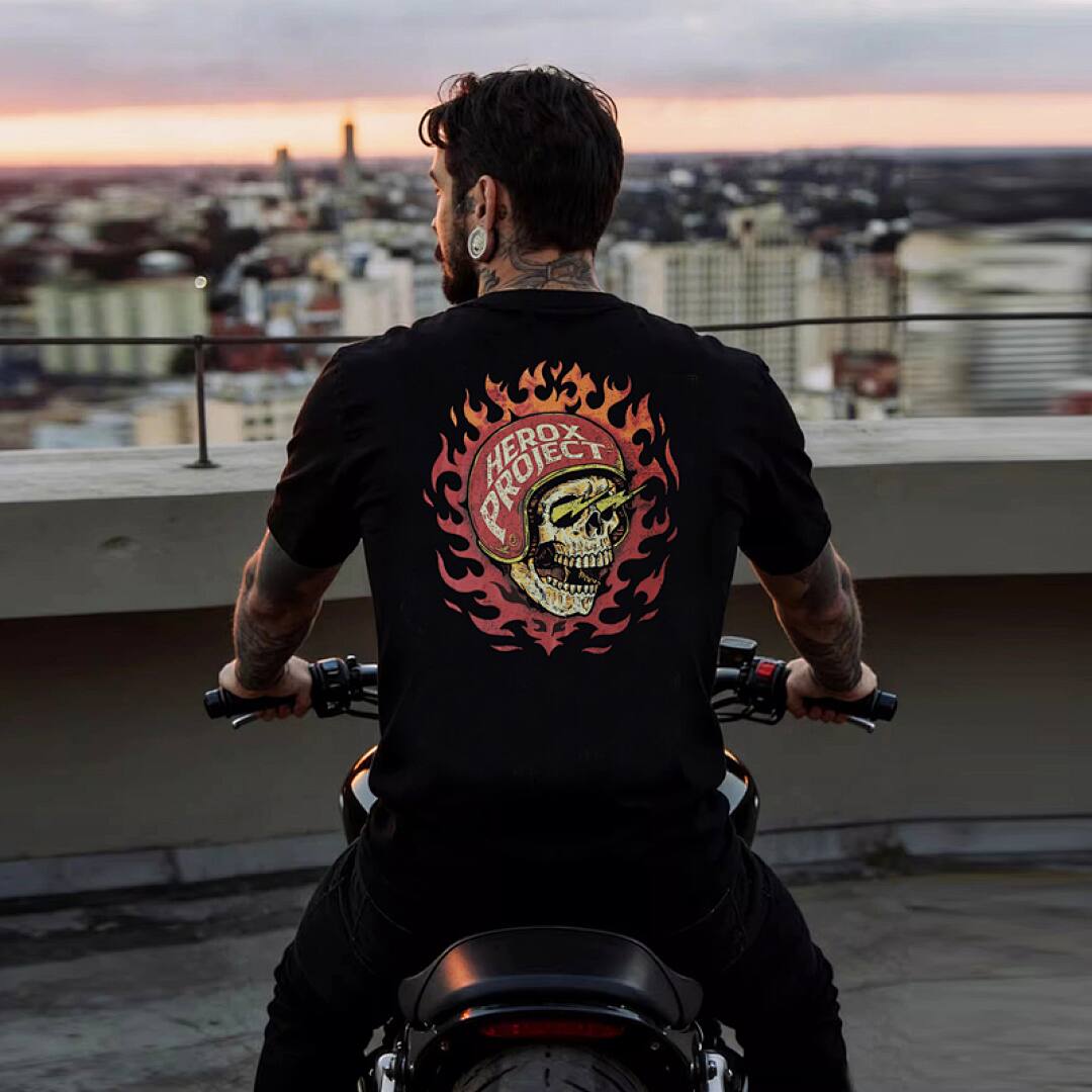 156# American Streetwear Motorcycle Style Flame Skull Print T-Shirt P35