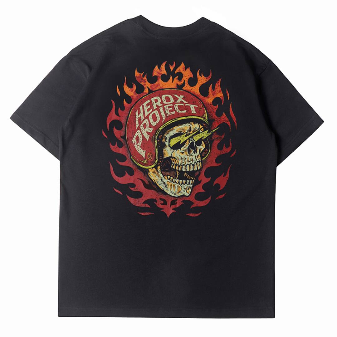 156# American Streetwear Motorcycle Style Flame Skull Print T-Shirt P35
