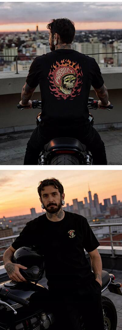 156# American Streetwear Motorcycle Style Flame Skull Print T-Shirt P35