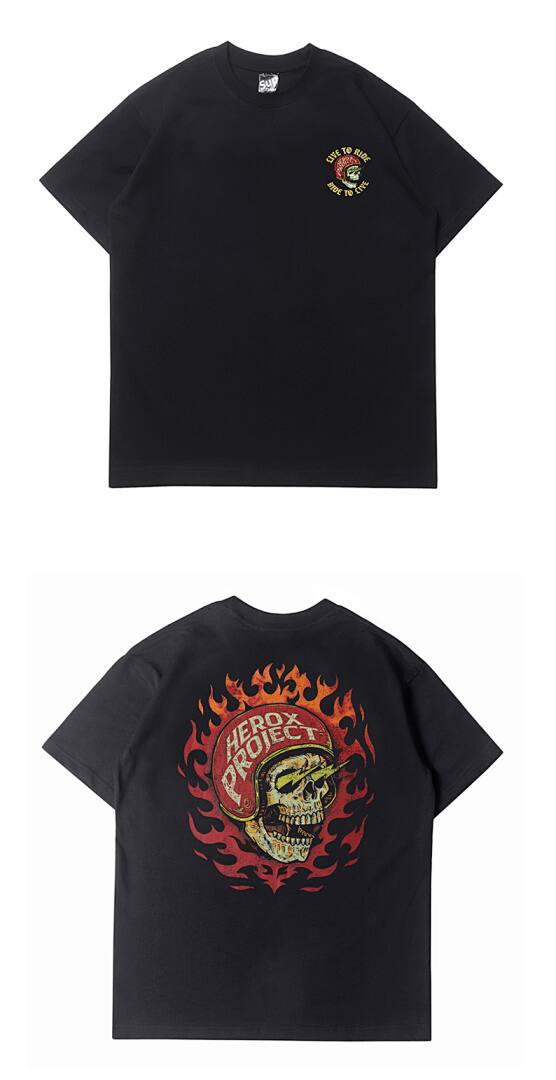 156# American Streetwear Motorcycle Style Flame Skull Print T-Shirt P35