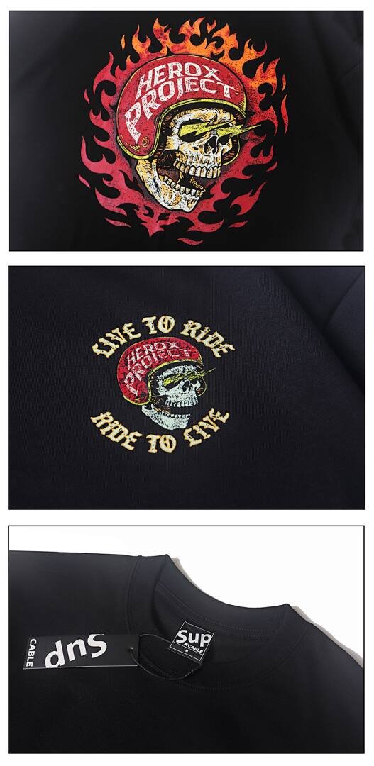 156# American Streetwear Motorcycle Style Flame Skull Print T-Shirt P35