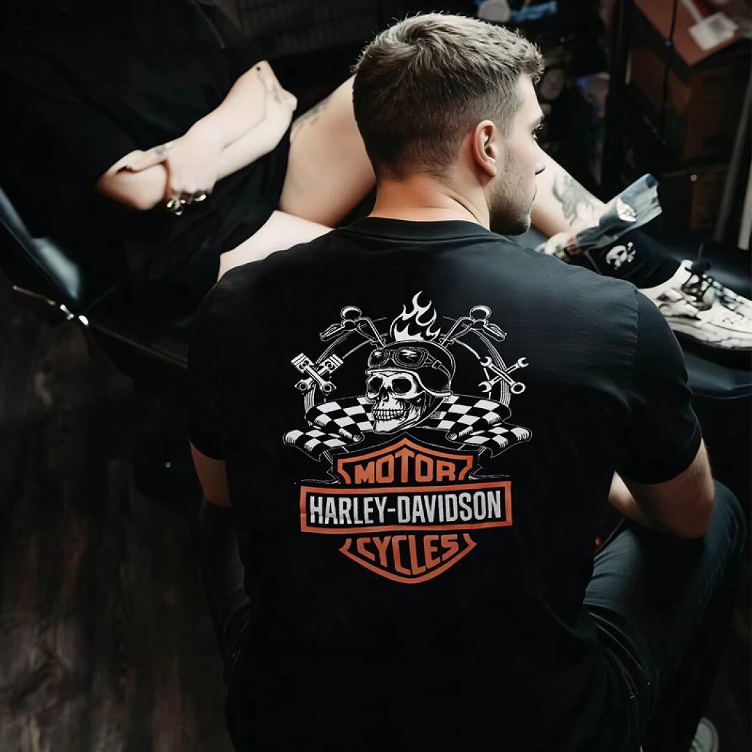 172# American streetwear biker style Harley skull print short sleeve T-shirt P35
