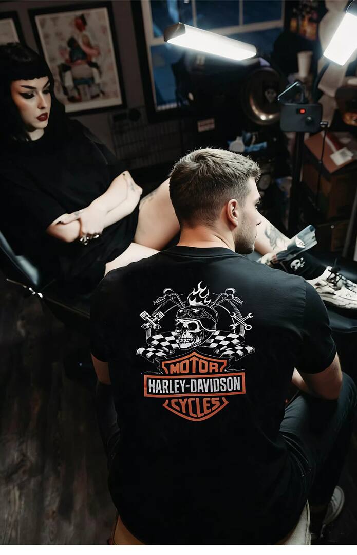 172# American streetwear biker style Harley skull print short sleeve T-shirt P35