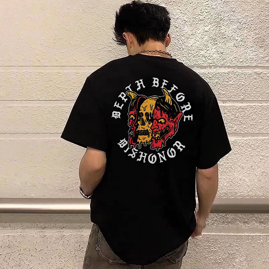 161# American streetwear biker style colorful demon skull print T-shirt P30