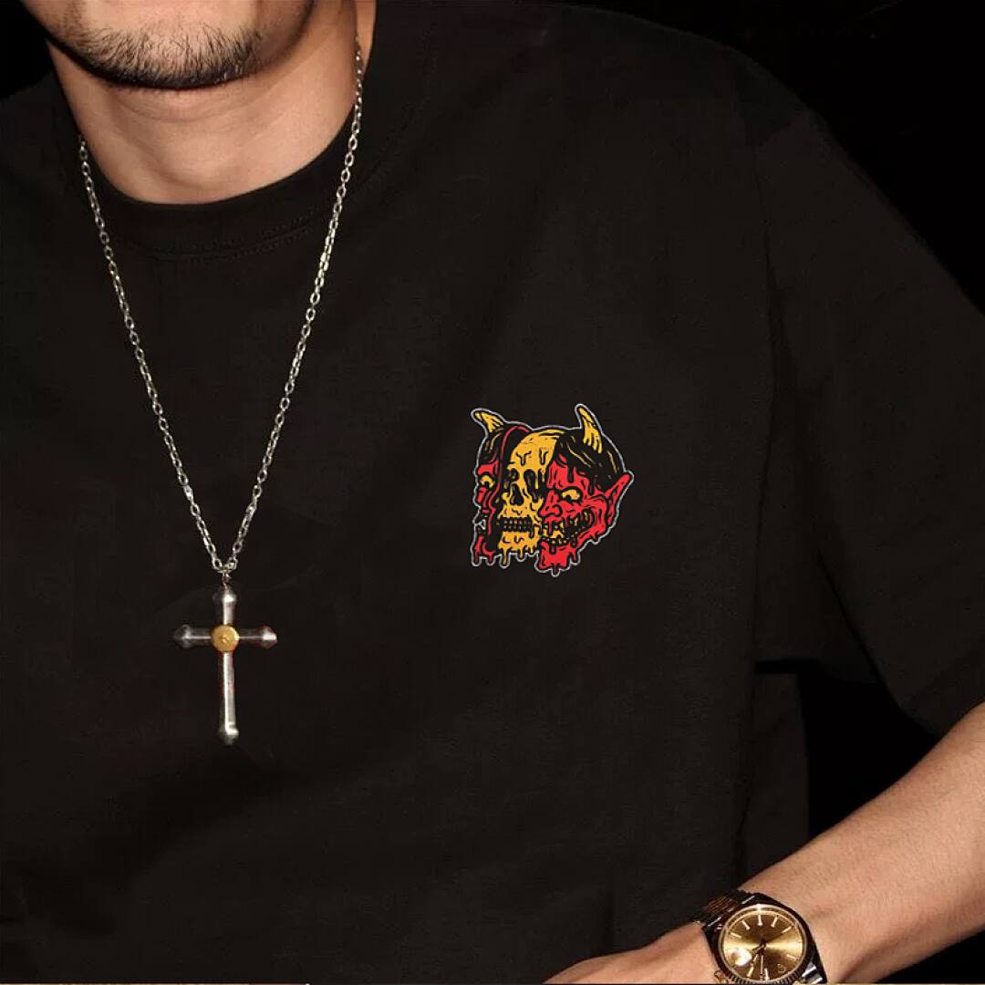161# American streetwear biker style colorful demon skull print T-shirt P30