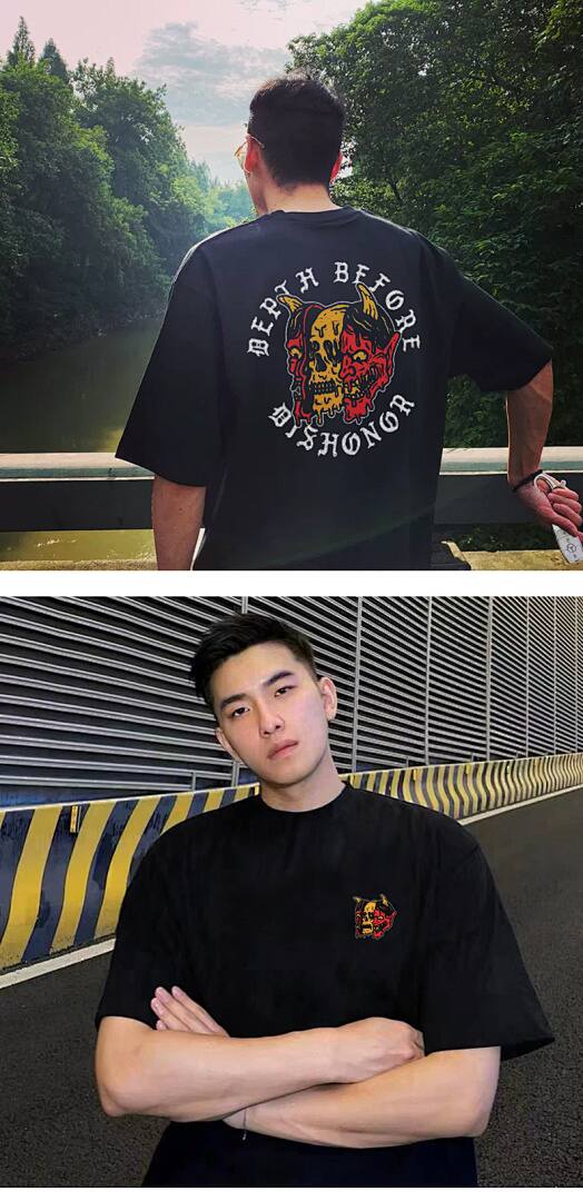 161# American streetwear biker style colorful demon skull print T-shirt P30