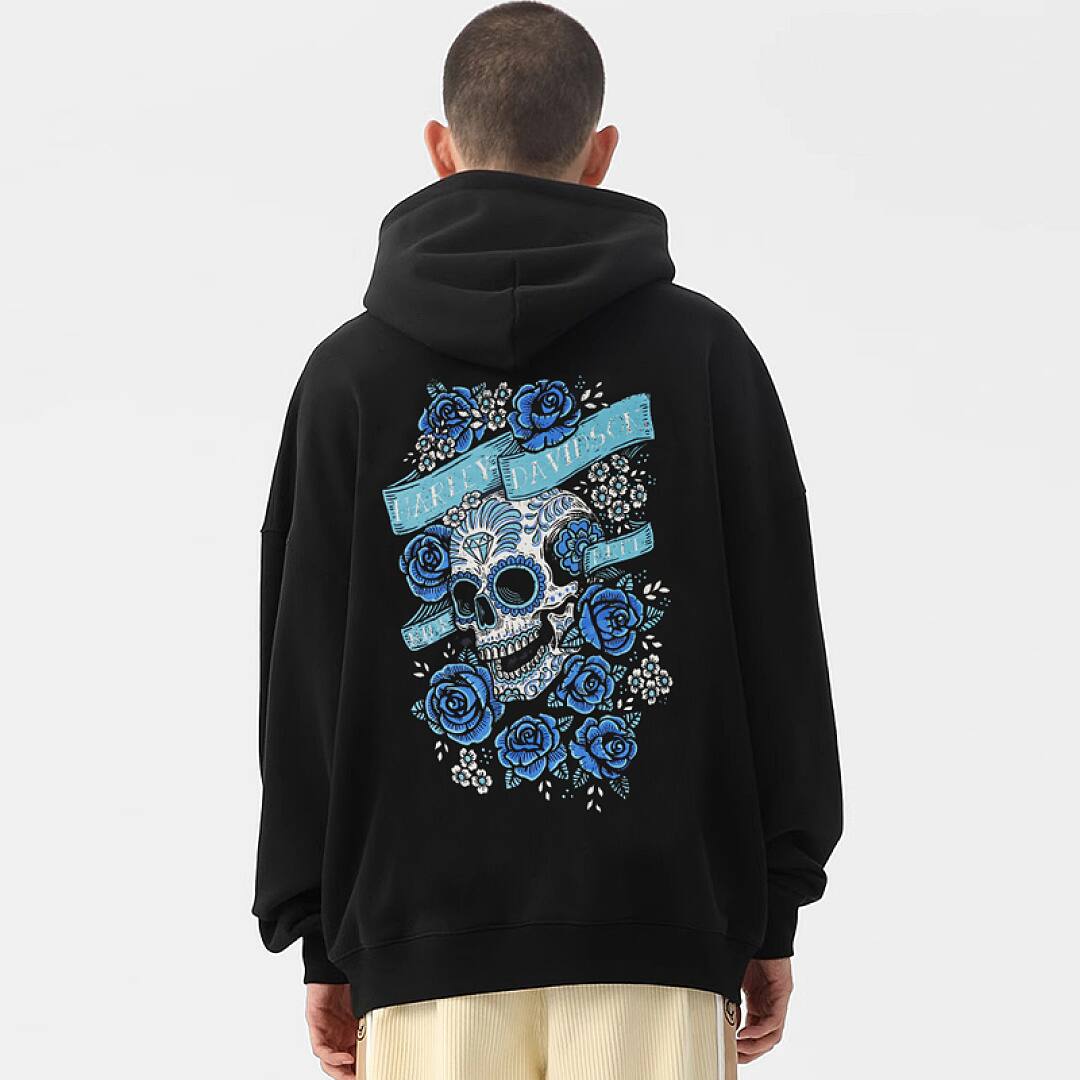 195# American streetwear death rose skull print hoodie P65