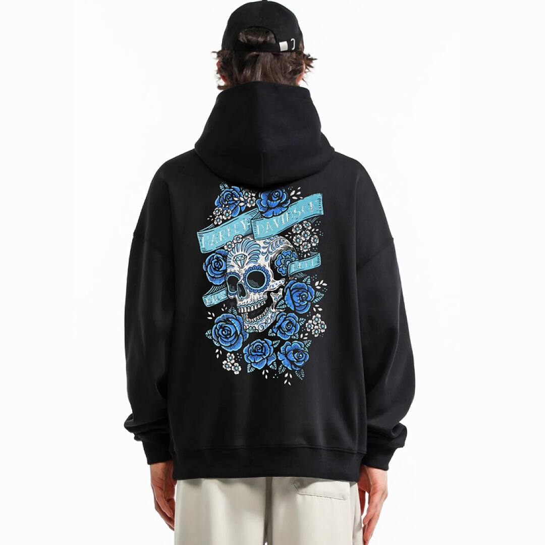 195# American streetwear death rose skull print hoodie P65