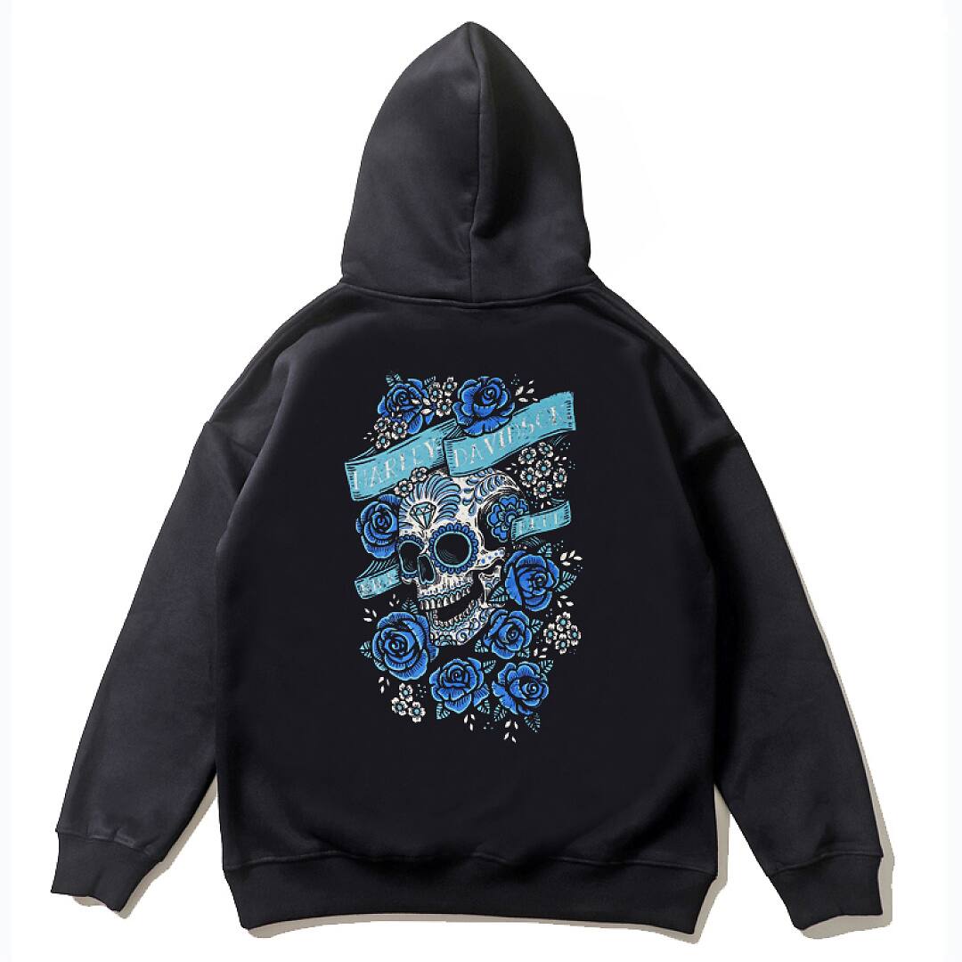 195# American streetwear death rose skull print hoodie P65