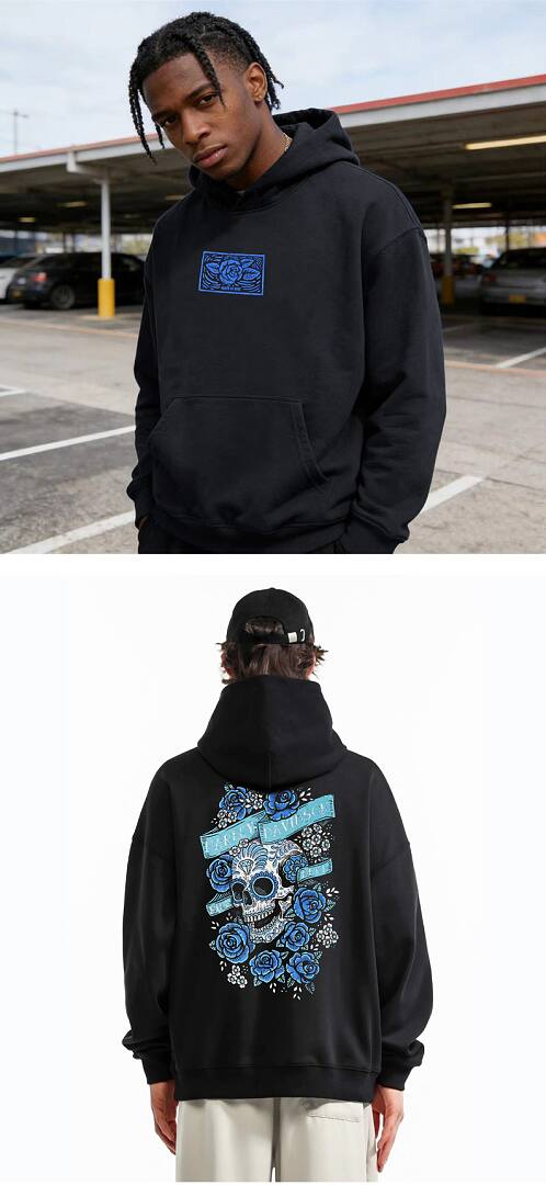 195# American streetwear death rose skull print hoodie P65