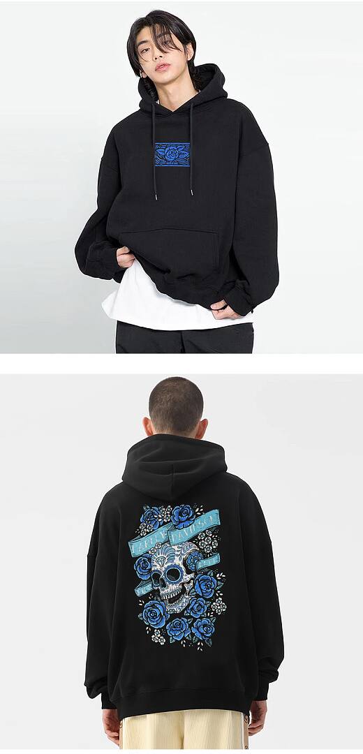 195# American streetwear death rose skull print hoodie P65