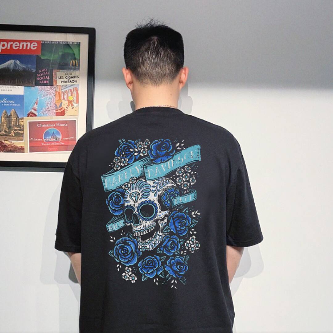 163# American streetwear biker Harley rose skull super cool print P35