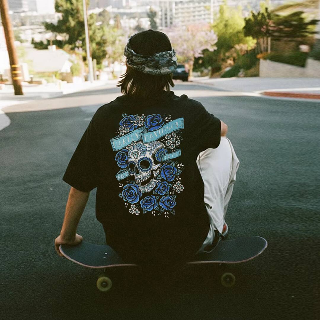 163# American streetwear biker Harley rose skull super cool print P35