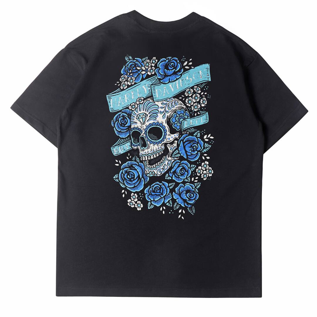 163# American streetwear biker Harley rose skull super cool print P35